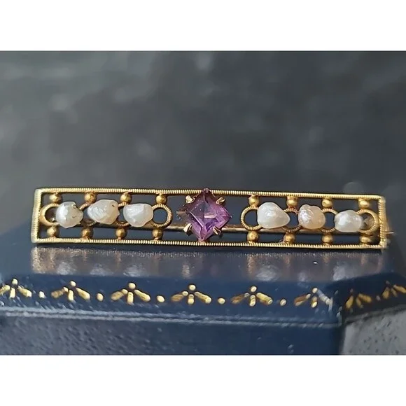 Antique 14K Yellow Gold Amethyst & Natural Pearl Bar Brooch - Picture 4 of 10